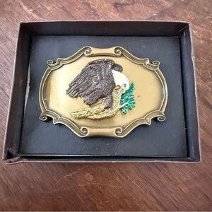 VTG Eagle On Branch Brass Belt Buckle Raintree 70s Wildlife Nature Birds Hippie